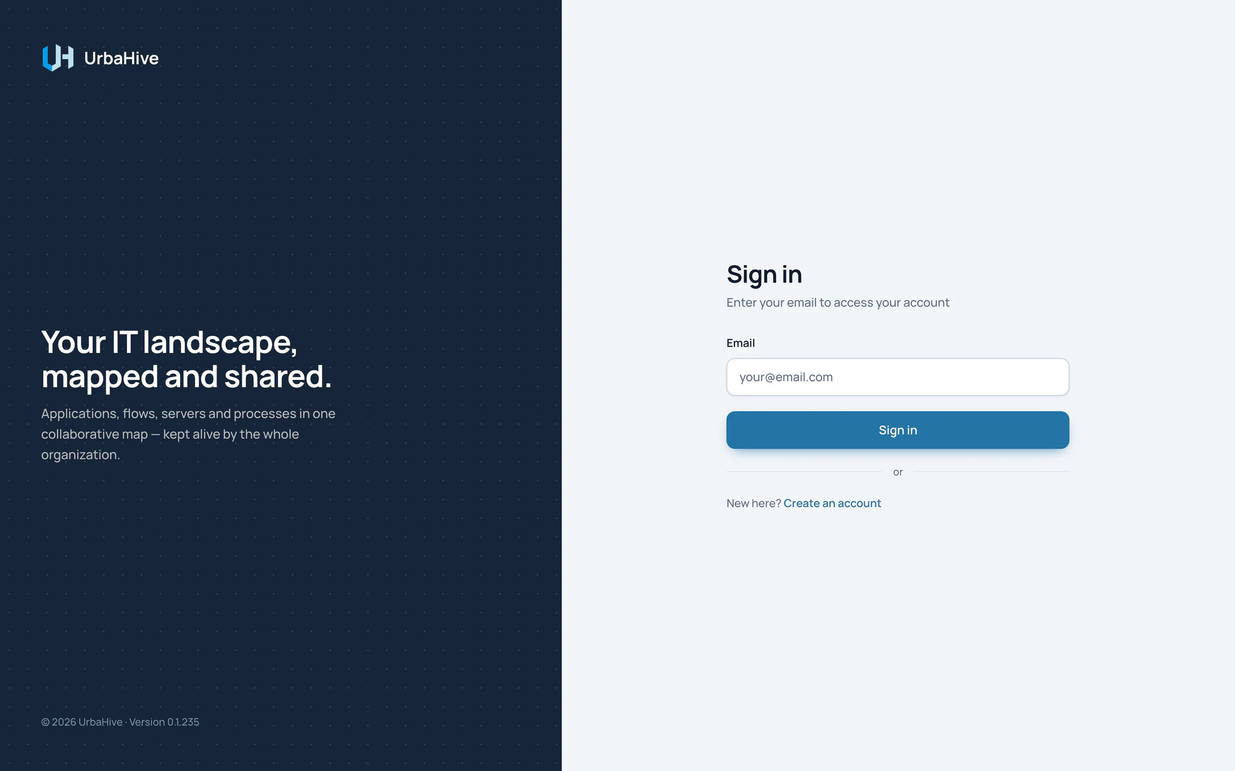 The UrbaHive sign-in page: an empty Email field, the Sign in button and the link to create an account.