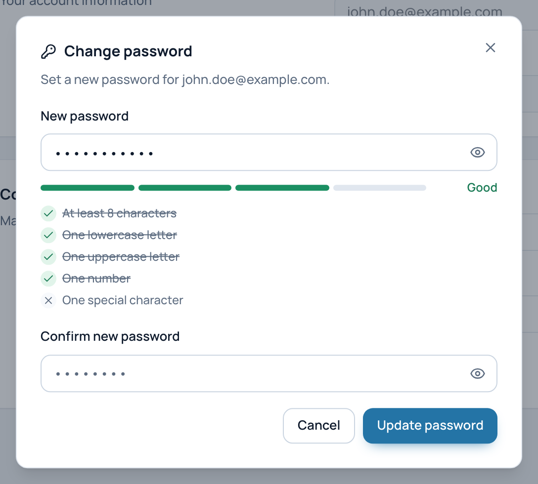 The Change password window: a new password typed (masked), its strength and the five rules, four of them met, and the empty confirmation field.