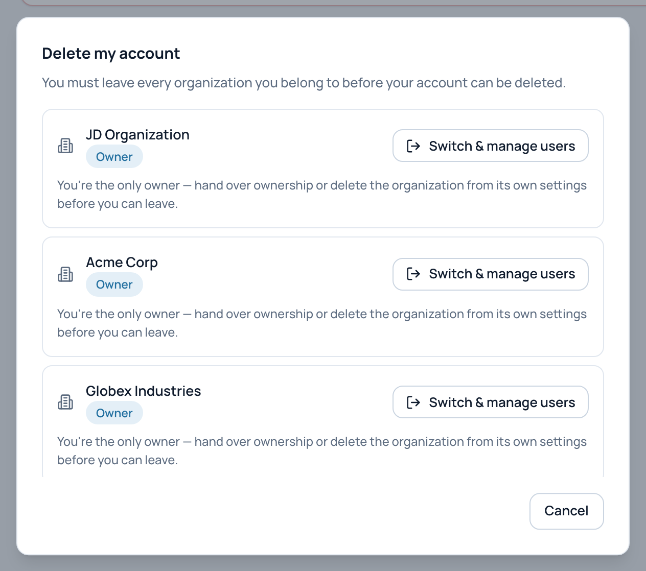 The first step of Delete my account: the organizations you must leave first.