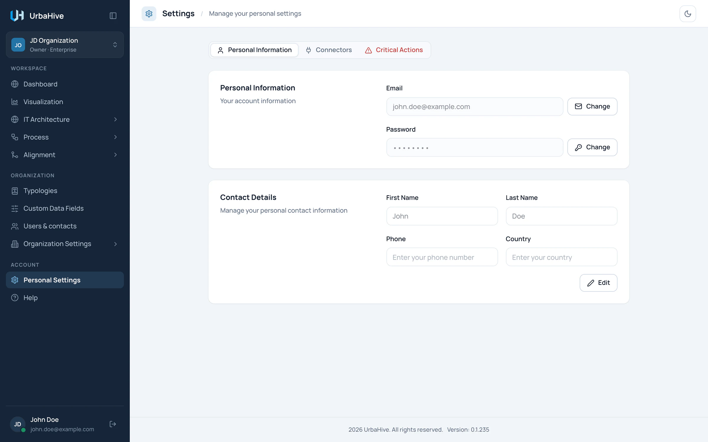The Personal Settings page with the e-mail and password and the contact details.