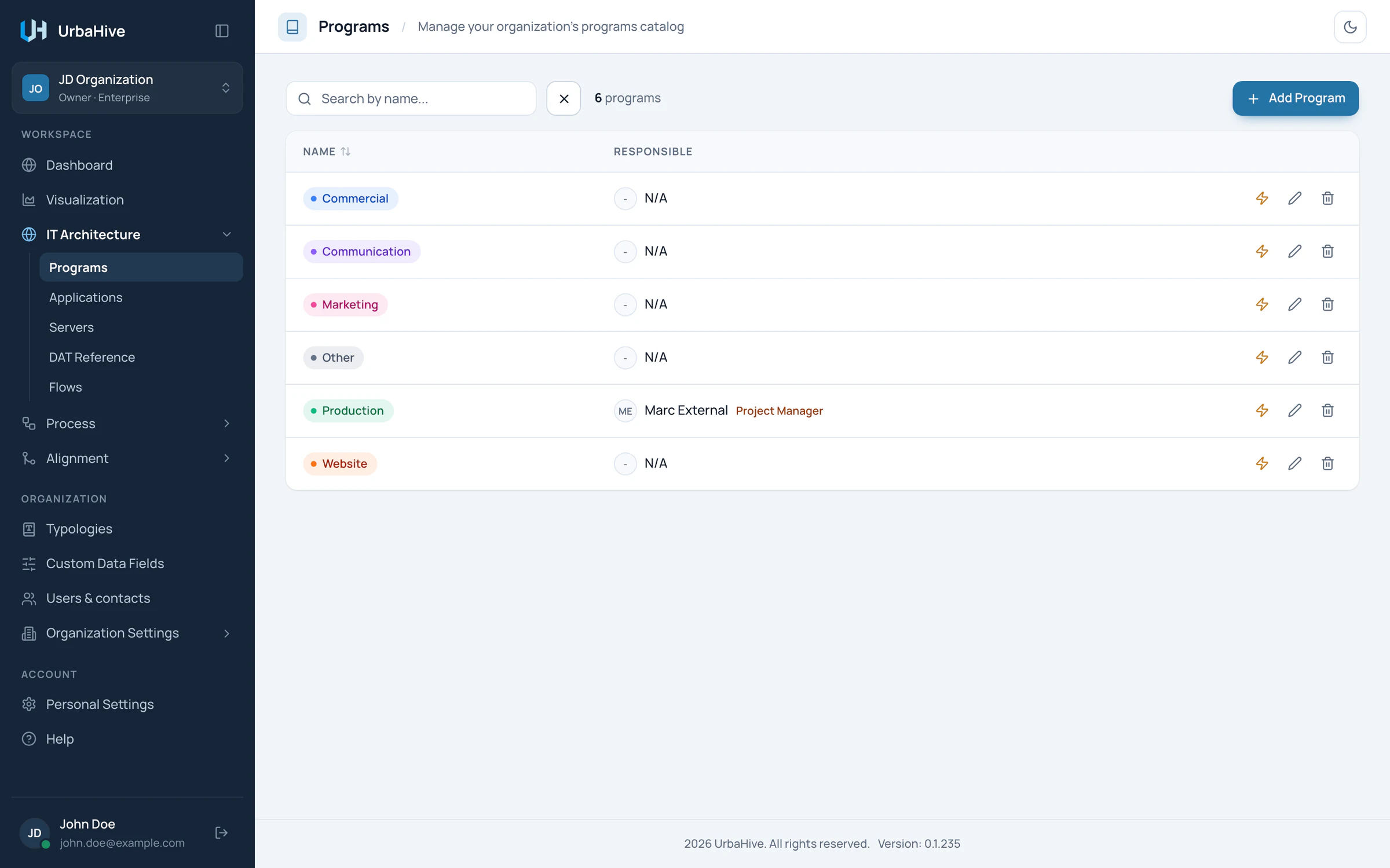 The Programs list with its search field, the Add Program button and the row buttons.