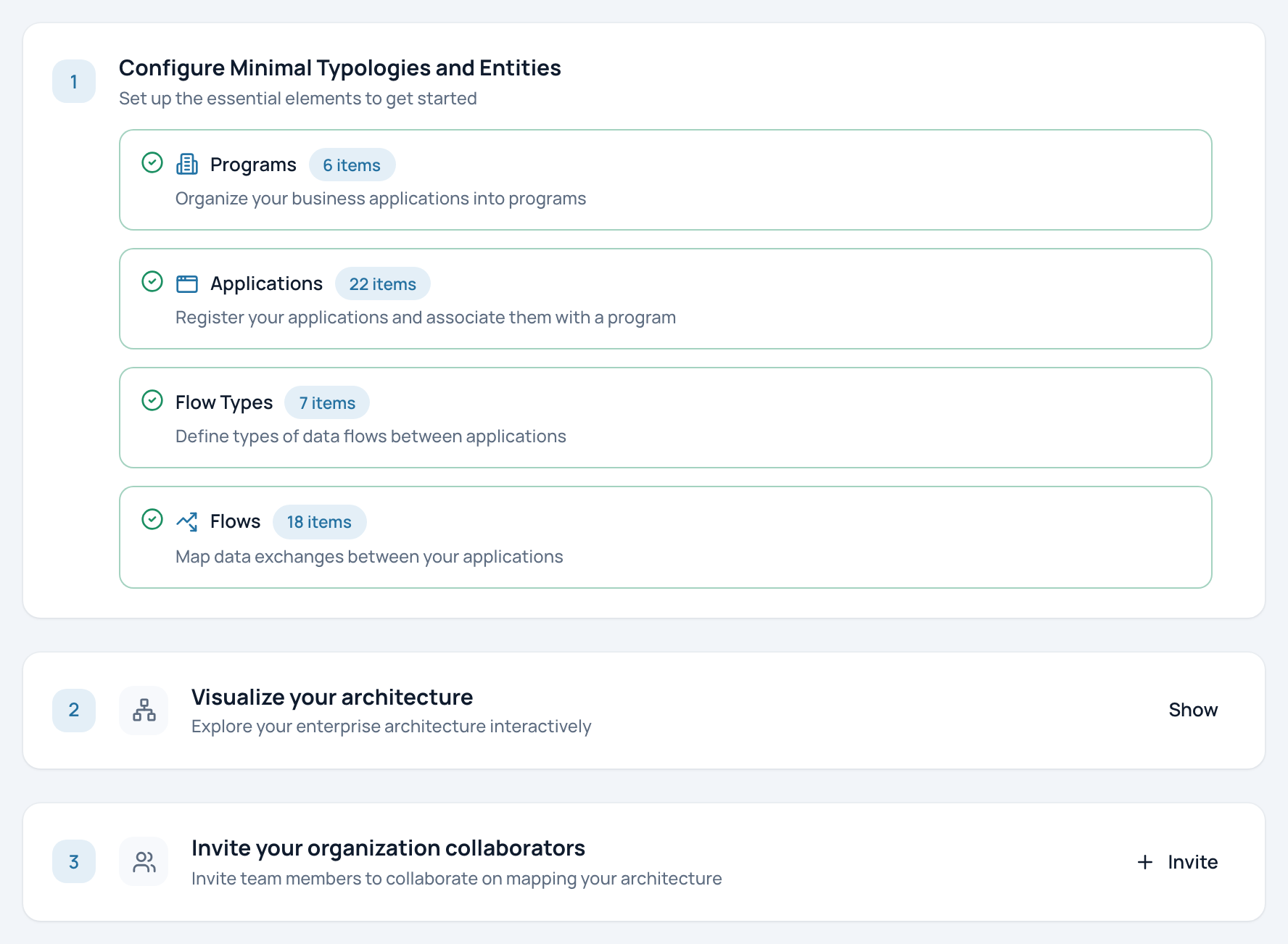 The three steps of the Quick Start page with their progress.